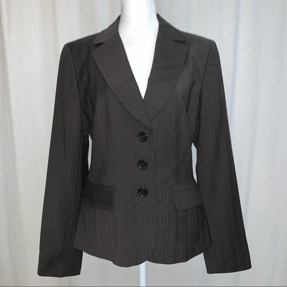 Ann Taylor Womens Brown Pin Stripe Blazer Size 6 Linen Blend - Picture 1 of 7